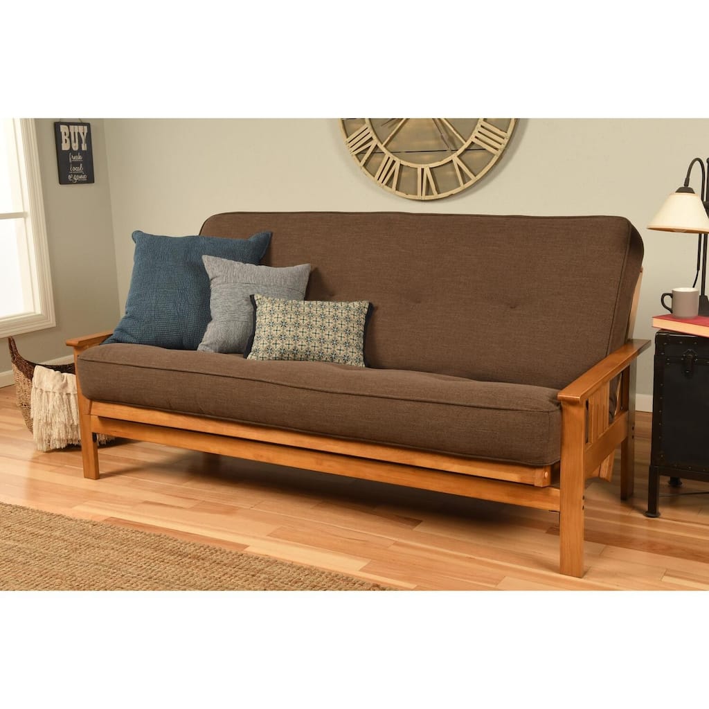 Full Size Futon Frame Sofa Bed - Linen Cocoa Mattress, Butternut Finish, Versatile Seating, 79L x 37D x 33H