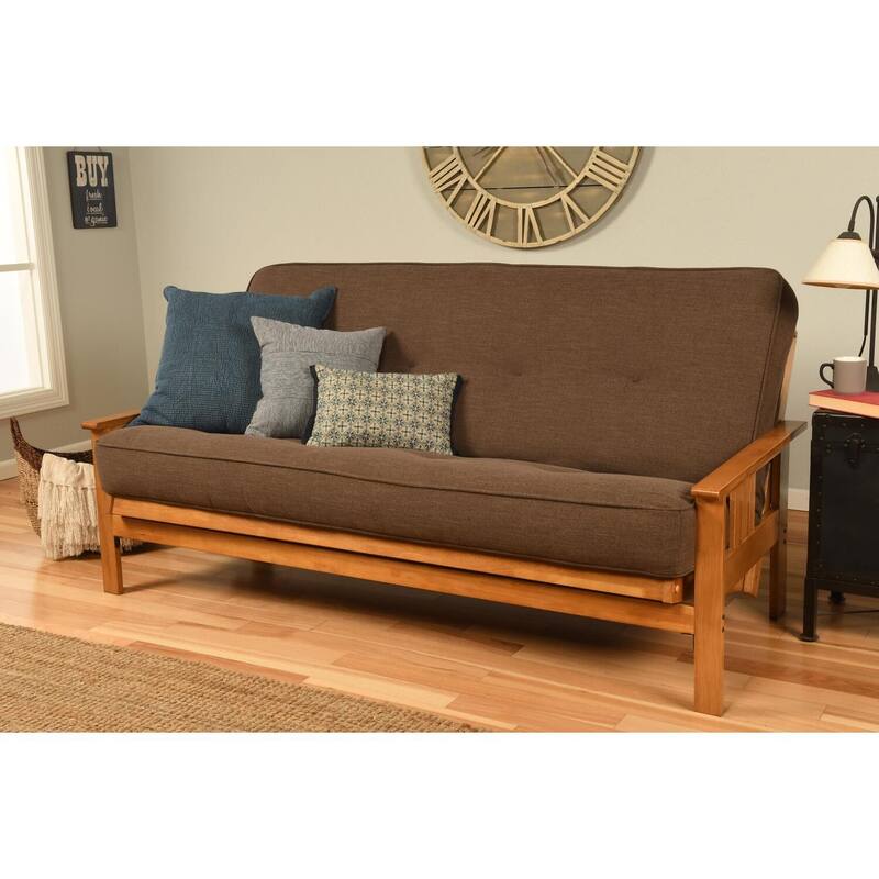 Full Size Futon Frame Sofa Bed - Linen Cocoa Mattress, Butternut Finish, Versatile Seating, 79L x 37D x 33H