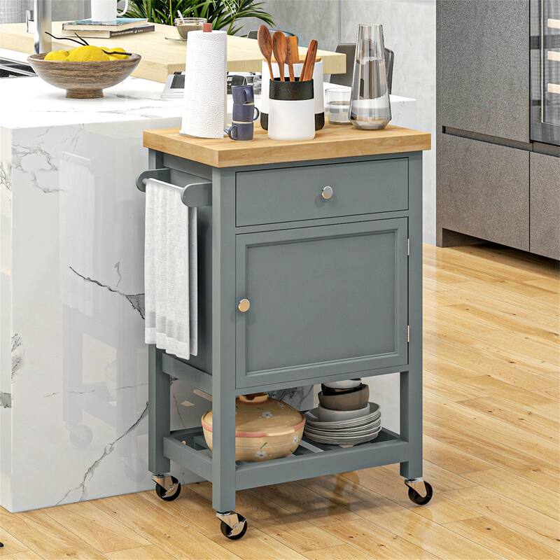 Rolling Kitchen Island with Smooth Rubberwood Top and Storage Drawer