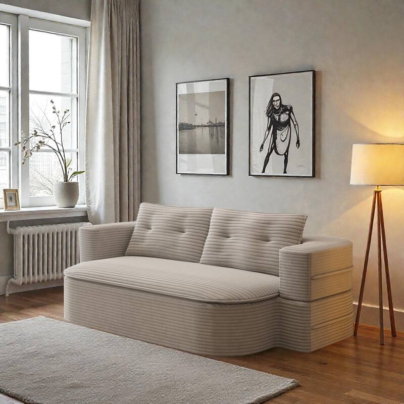 78.7 Inch Convertible Floor Sofa Bed, Plush Corduroy Sleeper Couch with Blanket and 2 Pillows, Deep Seat