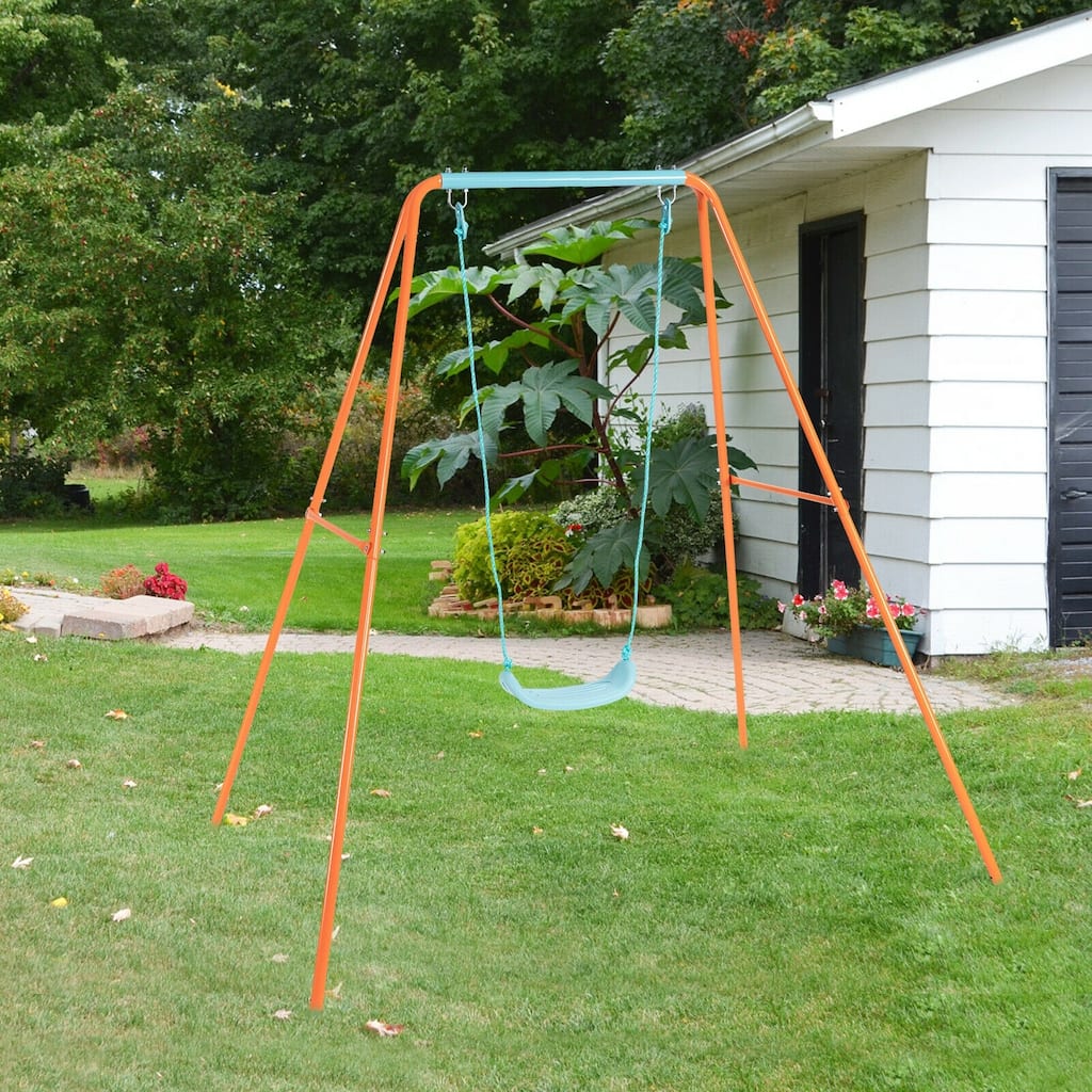 Orange Kids Swing Set with Smooth U-Shaped Seat and Weatherproof Steel Frame for Outdoor Use - 67.5" x 69" x 65.5" (L x W x H)