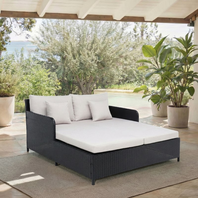SAFAVIEH Outdoor Taniyah Wicker Daybed with Pillow & Cushions - 53W x 28D x 62H - Black/Light Grey