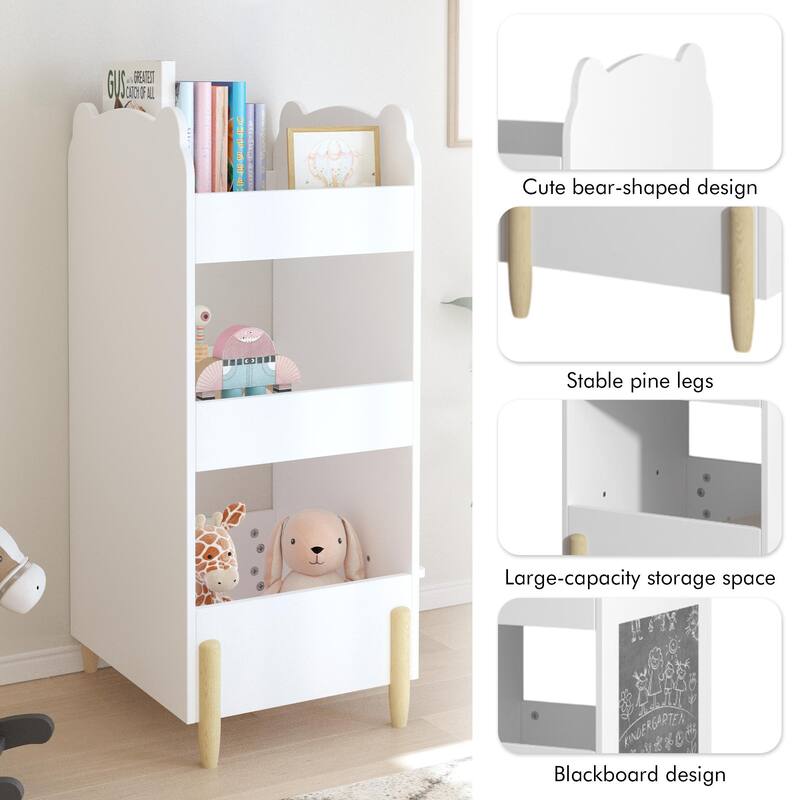 Kids Bookshelf With Chalkboard Side-Bear-Shaped Wooden Bookcase With 3-Tier Storage,Drawing Board For Toddlers,Toy And Book
