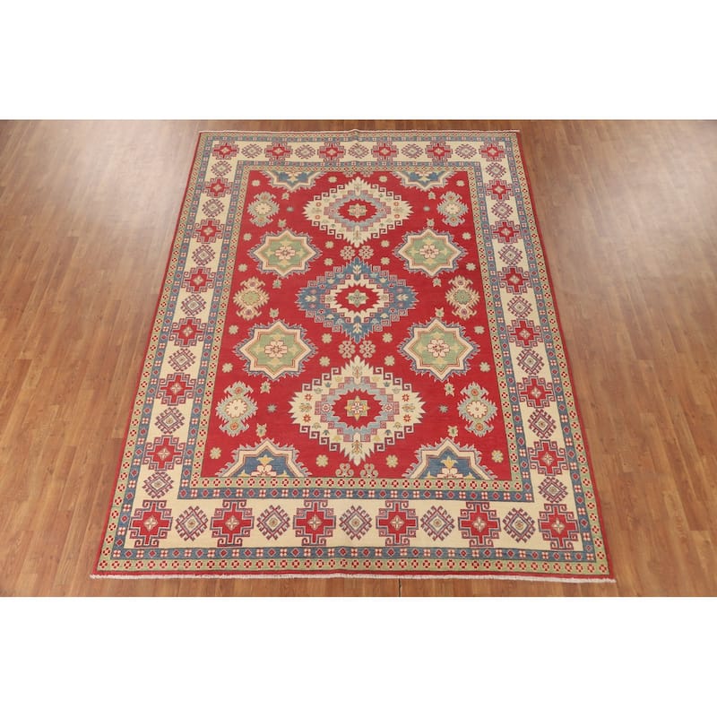 Geometric Kazak Area Rug Hand-Knotted Red Wool Carpet - 8'0" x 11'0"