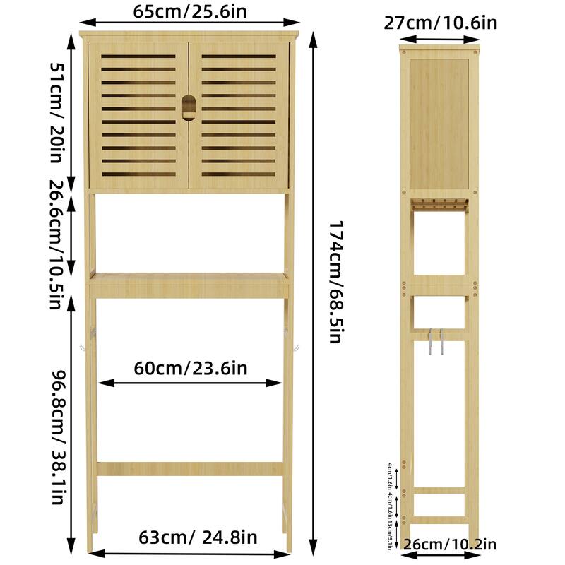 Over The Toilet Storage Bamboo Toilet Rack With Open Shelf and Cabinet