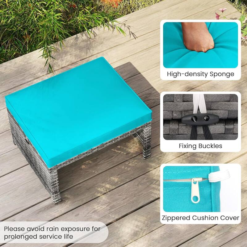 Set of 2 Rattan Footstools Wicker Outdoor Ottoman w/Removable Cushions