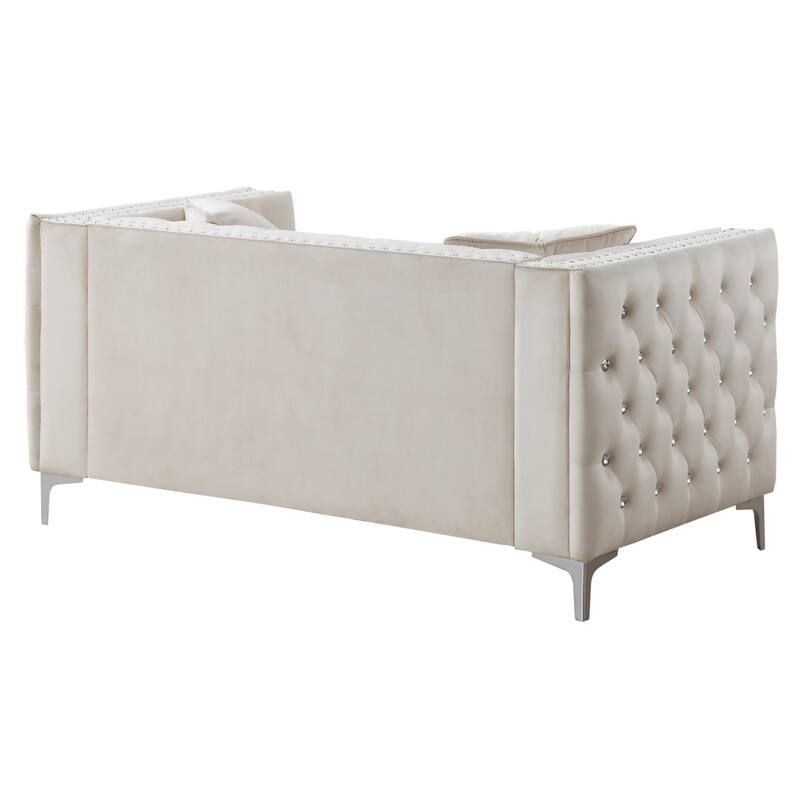 Soft Velvet Jeweled Buttoned Tufted Loveseat with Chrome Plated Legs