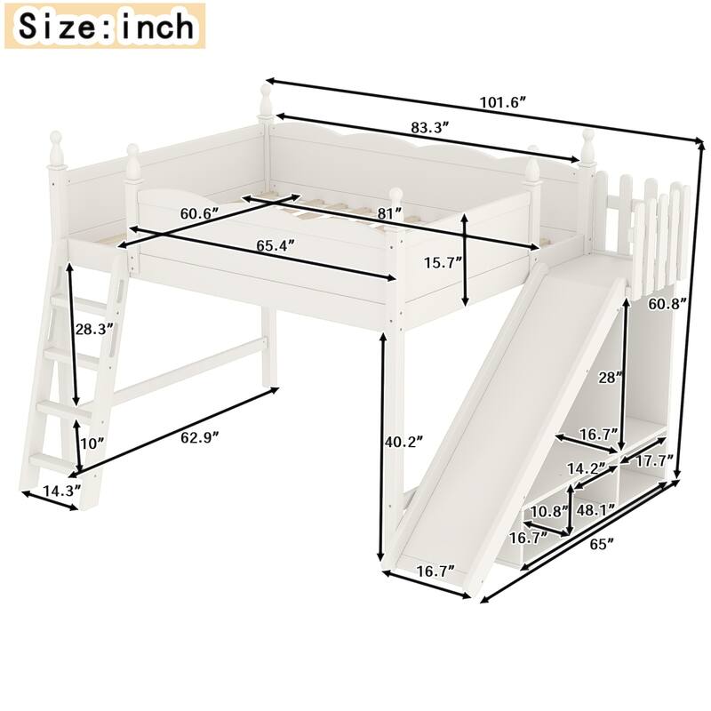 Queen Loft Bed with Storage Shelves and Wardrobe, Solid Wood Loft Beds with Detachable Slide and Ladders, No Spring Box Needed
