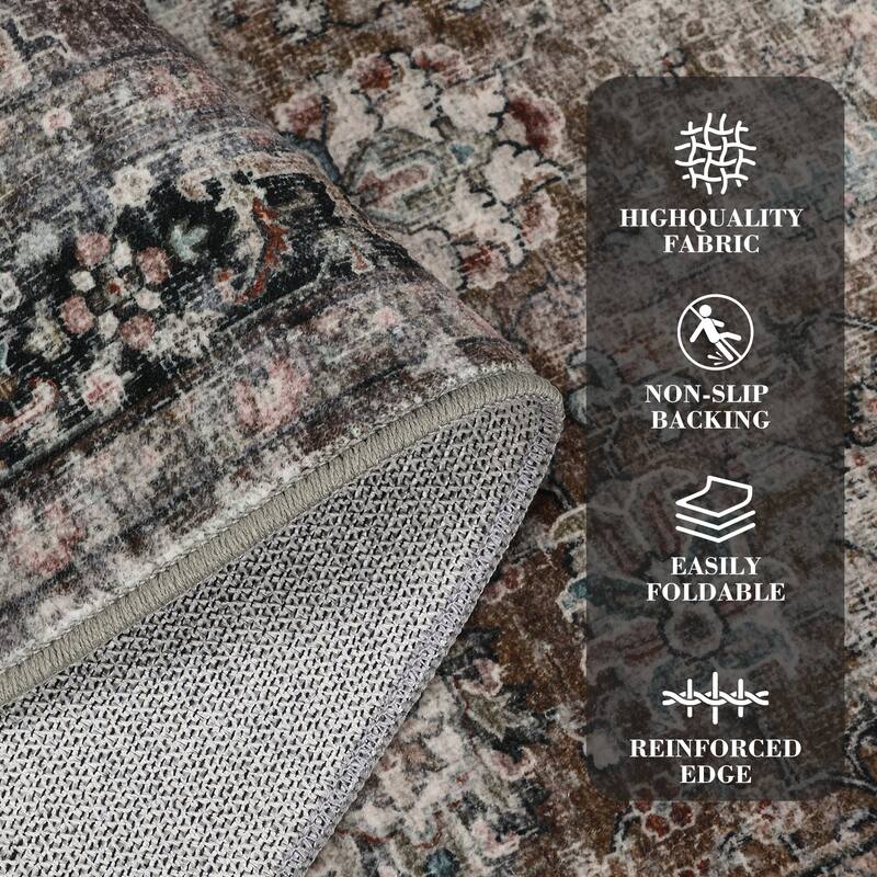 Area Rug Vintage Washable Floral Distressed Living Room Rugs, Soft Low Pile Non-Slip Rugs for Bedroom