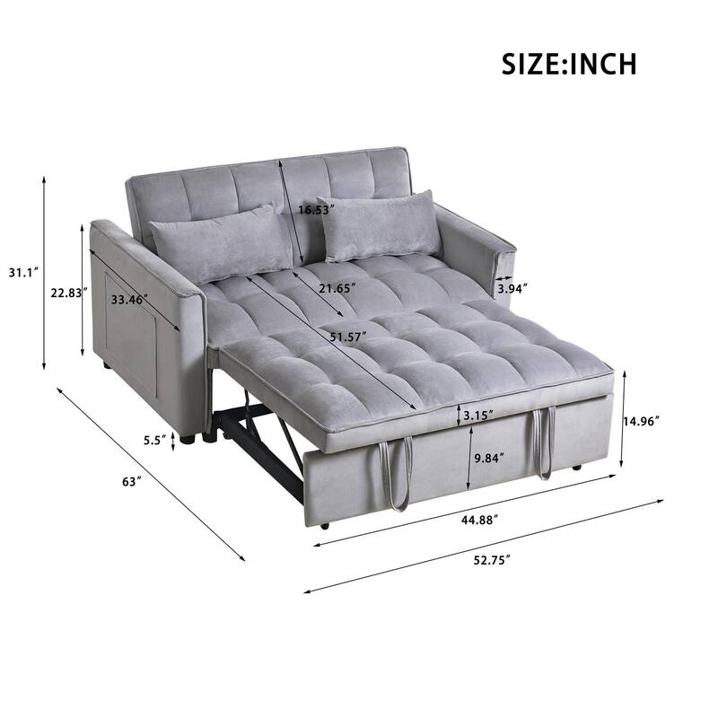 3-in-1 Velvet Convertible Sofa Bed, Adjustable Backrest with Pockets