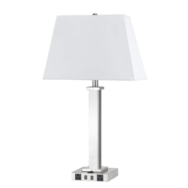 28 Inch USB Charging Table Lamp with White Linen Shade and Dual Outlets - 16" x 12" x 28" - Nickel-White