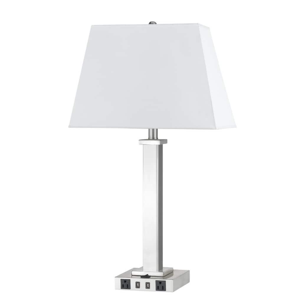 28 Inch USB Charging Table Lamp with White Linen Shade and Dual Outlets - 16" x 12" x 28"
