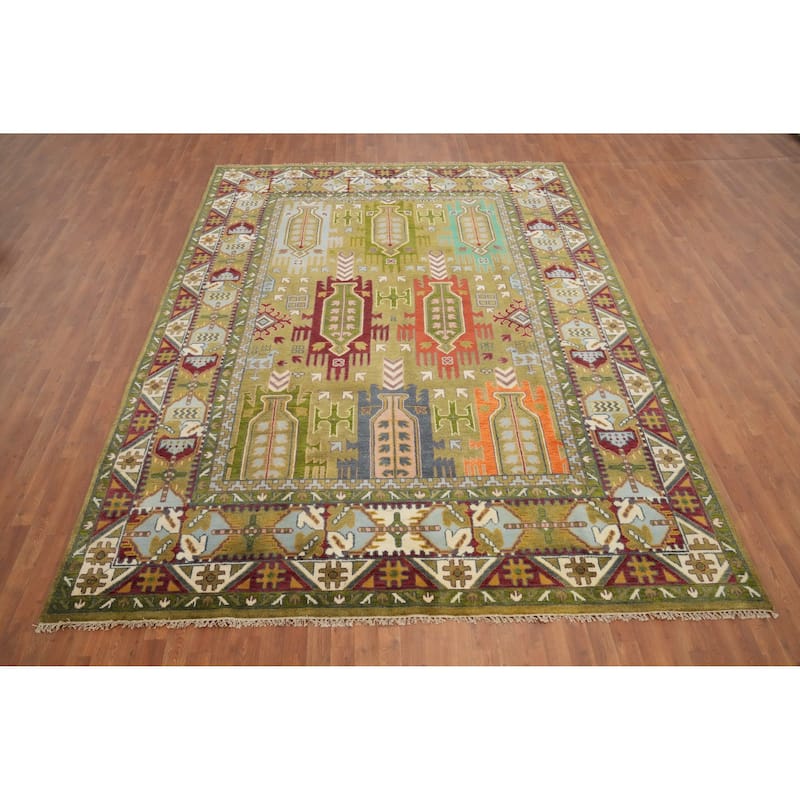 Hand Knotted Oriental 100% Wool Carpet Traditional Geometric Green Kazak Area Rug - 11' 10'' X 8' 11''