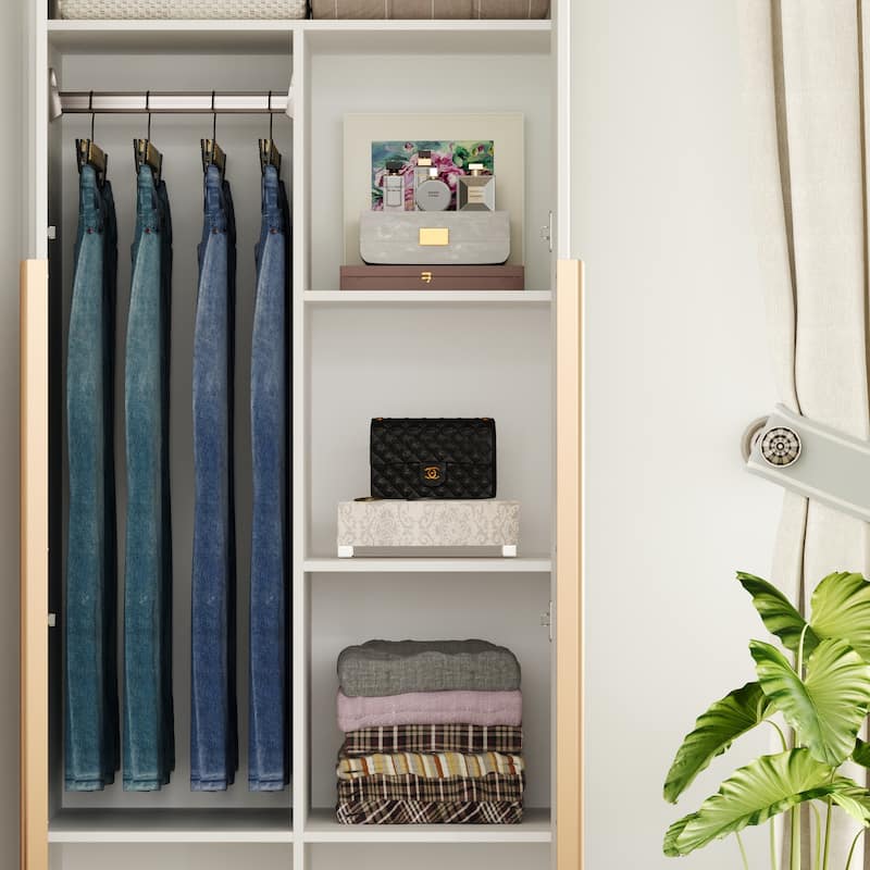 High Gloss Wardrobe with Shelves and Hanging Rods White 3 Door Closet Organizer