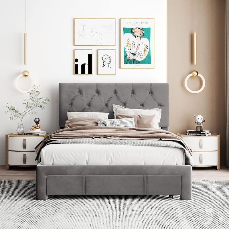 Storage Bed Velvet Upholstered Platform Bed with a Big Drawer - Grey - Full