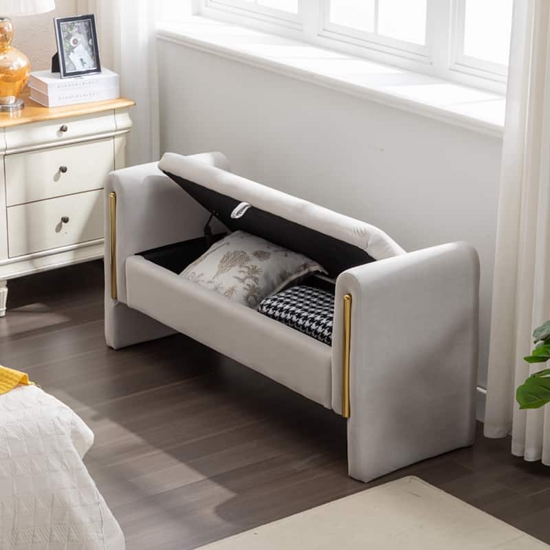 Storage Bench Bedroom Bench With Gold Metal Trim Strip - Light Gray/Velvet