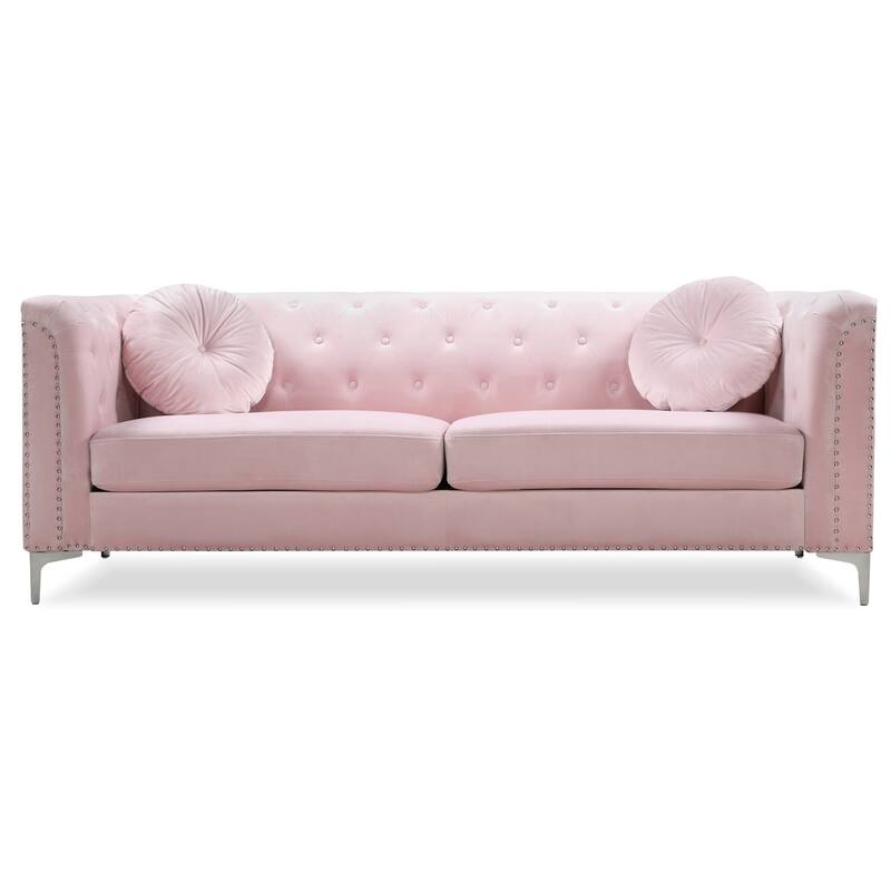 Tufted Nailhead Trim Velvet Sofa with Throw Pillows - 83" - Pink