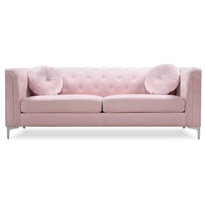 Tufted Nailhead Trim Velvet Sofa with Throw Pillows - 83" - Pink