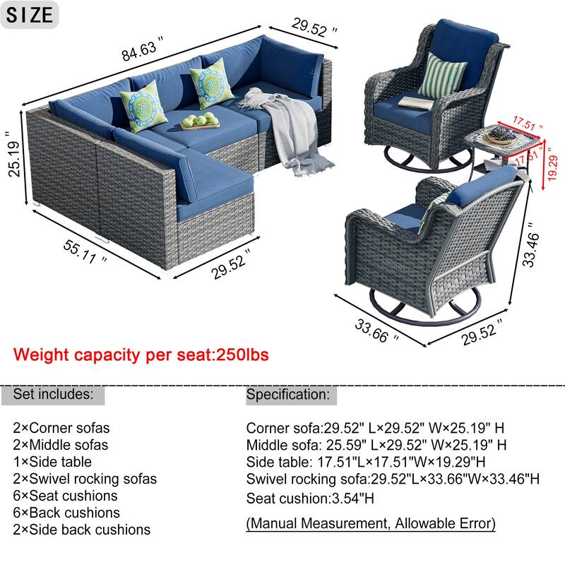 OVIOS 7-piece Rattan Wicker Patio Furniture Set Swivel Rocking Chair Set