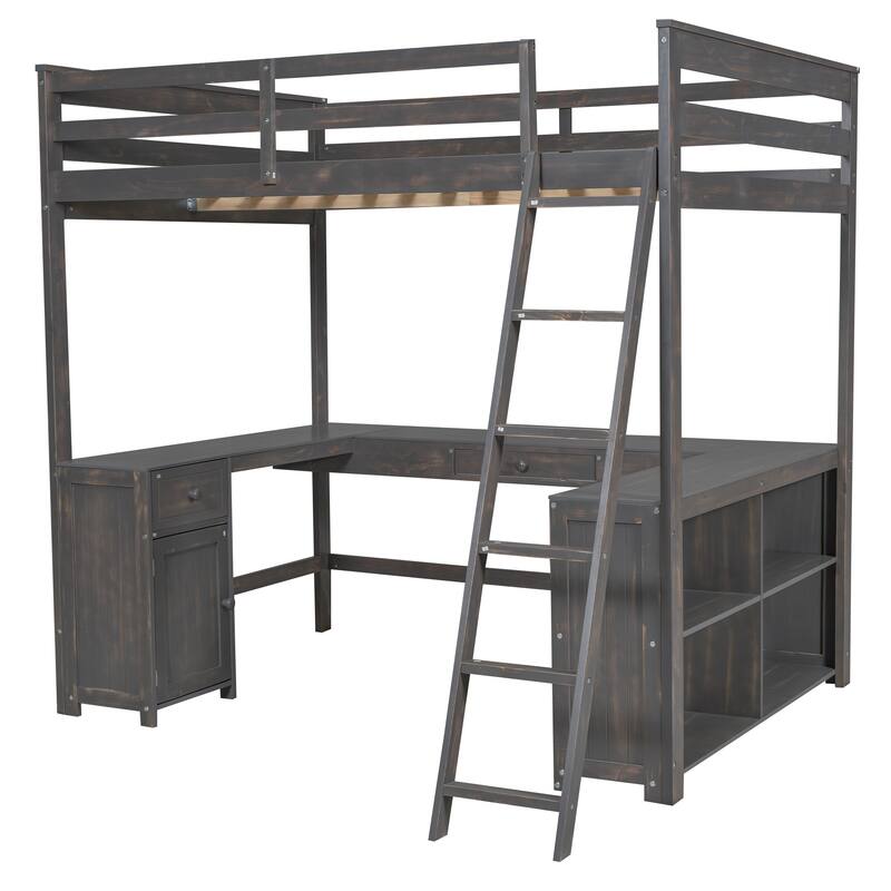 Full Size Loft Bed with U-shaped Desk, Drawers, and Storage Shelves in Antique Brown