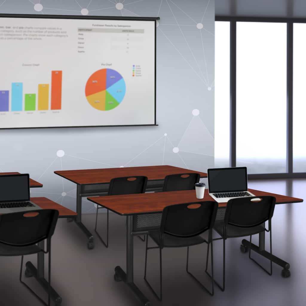 60" x 24" Flip Top Mobile Training Table with Modesty Panel- Cherry and 2 Stack Chairs- Black