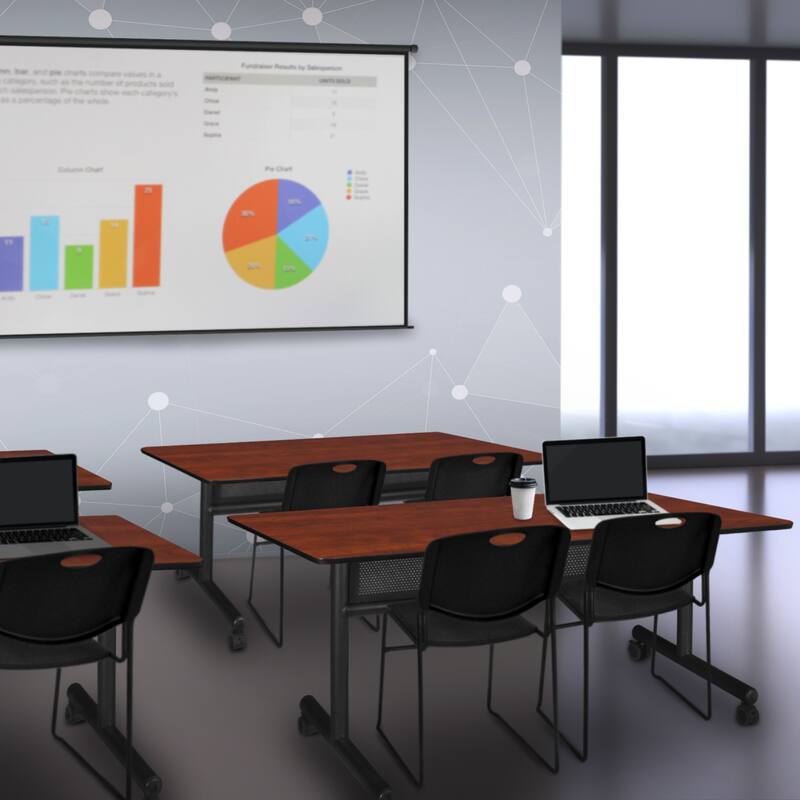 60" x 30" Flip Top Mobile Training Table with Modesty Panel- Cherry and 2 Stack Chairs- Black