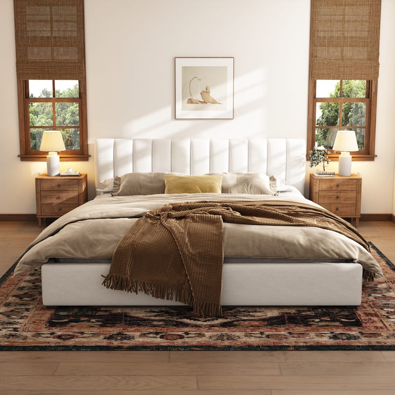 Christopher Knight Home - Serena Modern Linen Upholstered Bed Frame with Thick Headboard and Wooden Legs