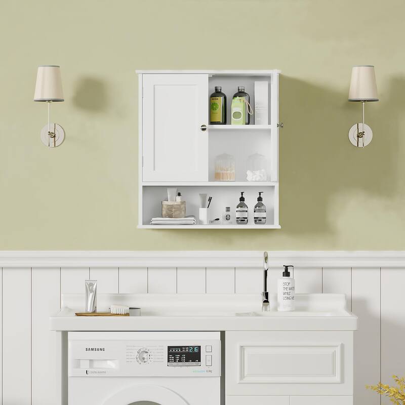 Bathroom Wall Cabinet with Door, Over Toilet Storage Cabinet with and Adjustable Shelves, 3-Tier Medicine Cabinet Wall Mounted