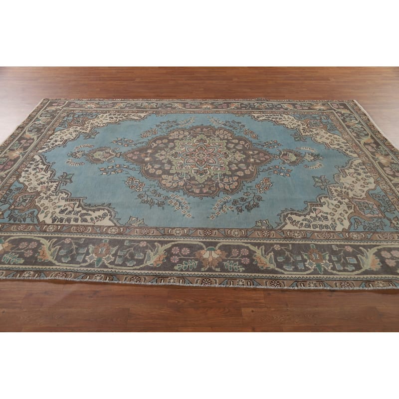 Light Blue Tabriz Vintage Persian Area Rug Handmade Wool Carpet - 6'7" x 9'3"