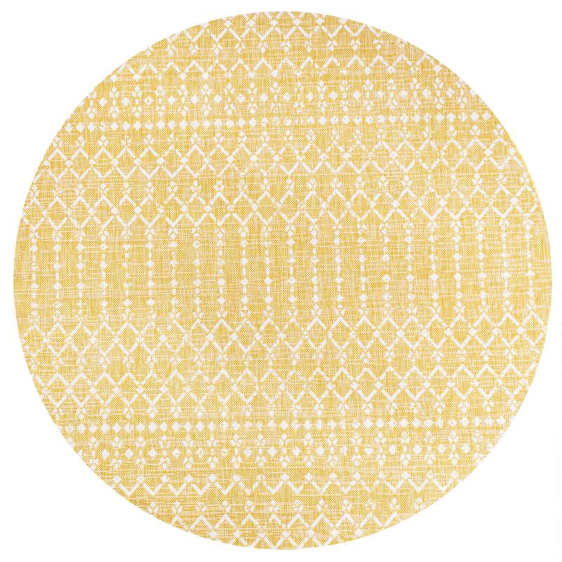 JONATHAN Y Trebol Moroccan Geometric Textured Weave Indoor/Outdoor Area Rug - 5' Round - Yellow/Cream