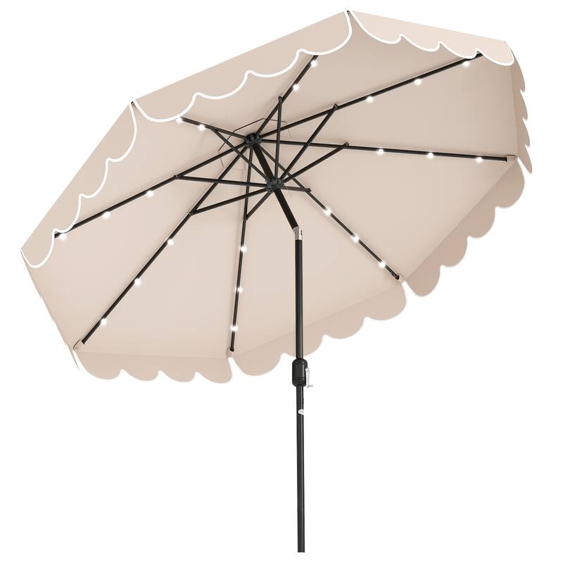 10 Feet Solar Patio Umbrella with LED Lights Push Button Tilt and Crank Handle for Backyard Deck - Beige