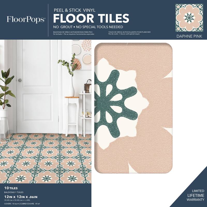 FloorPops Daphne Pink Peel & Stick Floor Tiles