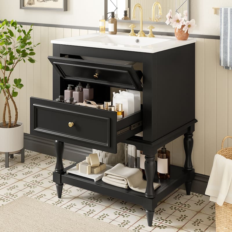 24" Bathroom Vanity with Ceramic Sink, Bathroom Storage Cabinet with Open Shelf, Retro Design Bathroom Cabinet with 2 Drawers