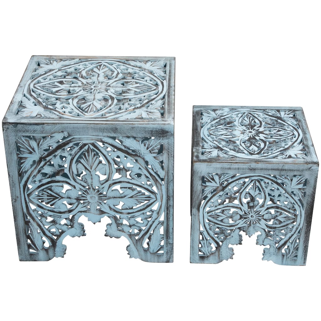 Set of 2 Antique Blue Square Stackable Nesting Side Table Stool 16"