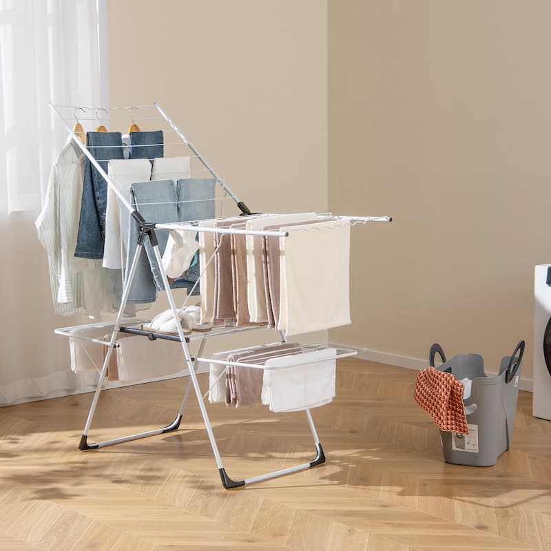 Gymax Folding Clothes Drying Rack 2-Tier Metal Laundry Drying Rack