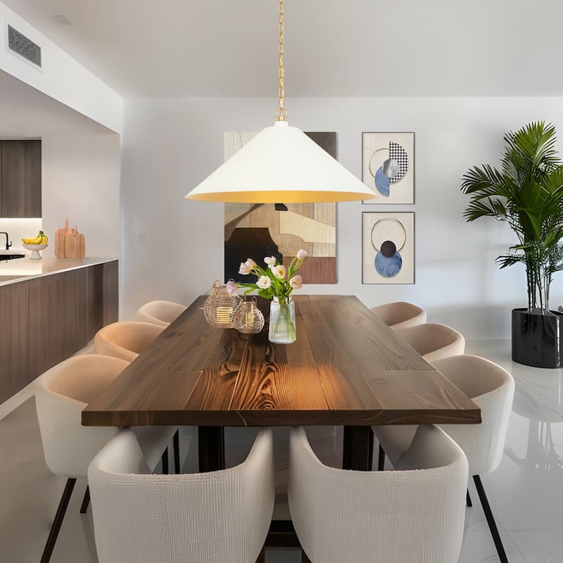 Modern Elegant 1-light large pendant light fixtures Matte White and Gold Cone chandeliers for kitchen dining room