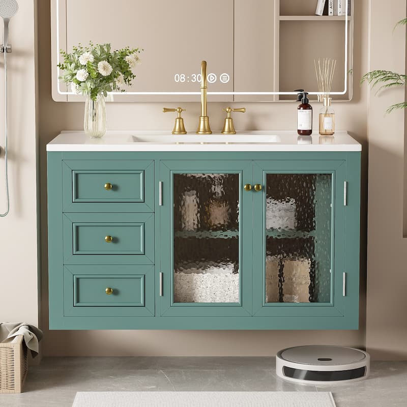 Roomfitters 36" Floating Vanity with Ceramic Sink, Wall Mounted Cabinet with 3 Drawers, Solid Wood Frame Design, Green