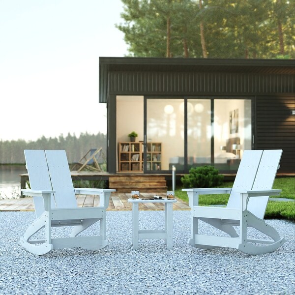 2 Modern Dual Slat Poly Resin Adirondack Rocking Chairs with Side