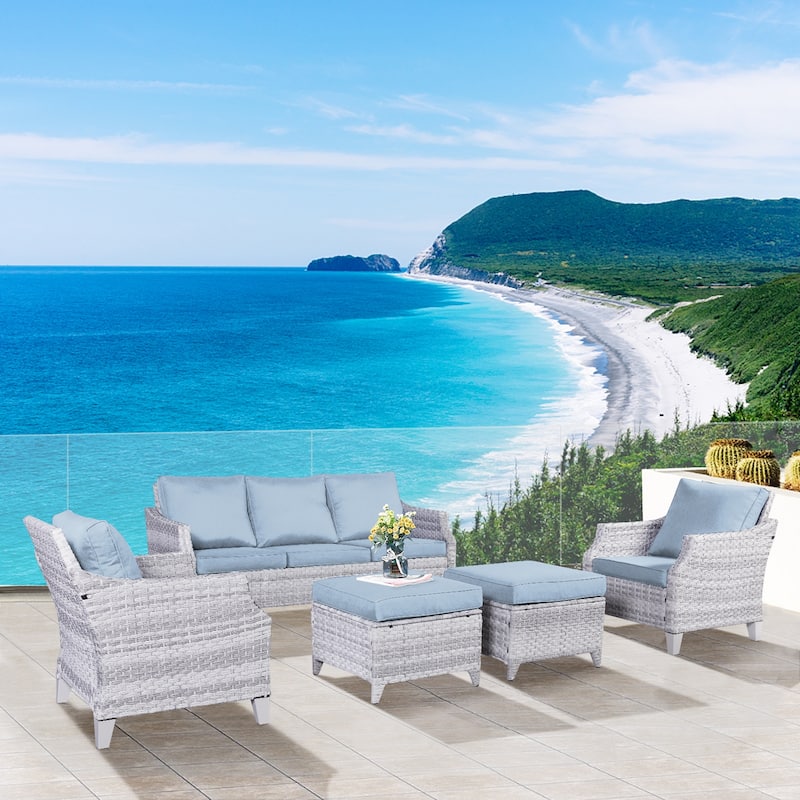 Patio Wicker Furniture Set-5 Piece Outdoor Sofa Set with Ottomans