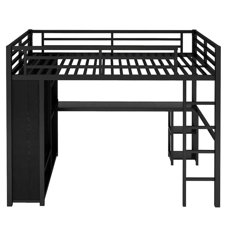 Black Metal Loft Bed Frame with Built-In Wardrobe, Desk and Shelves