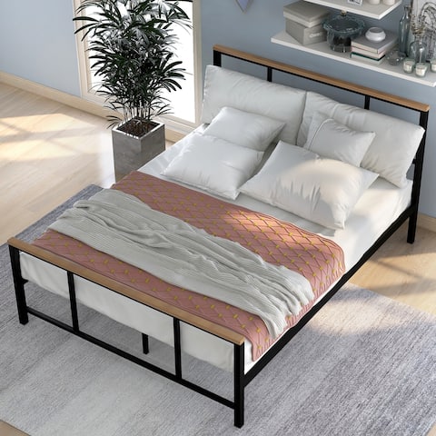 Nestfair Twin Size Metal Bed with Wood Decoration