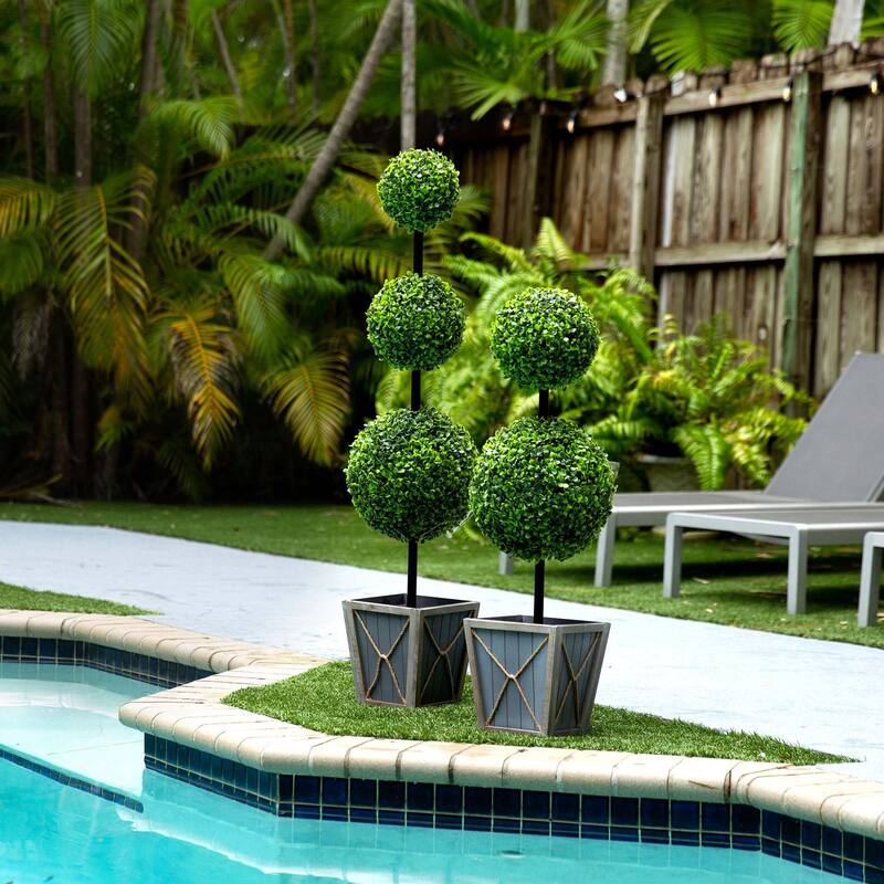 Potted Double Ball Boxwood Artificial Topiary Tree - 3' - Clear LED Lights