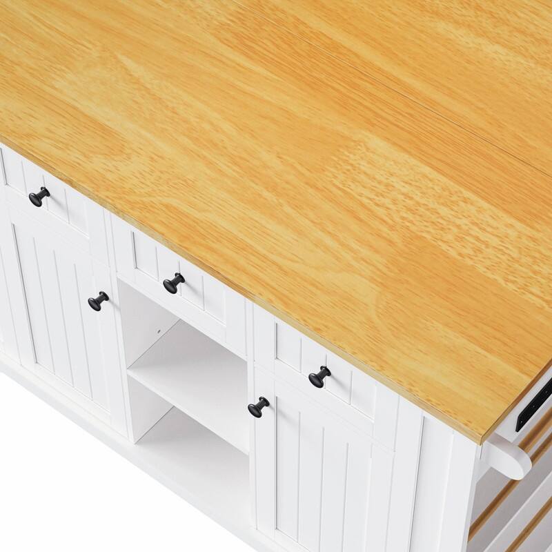 53" Rolling Kitchen Island with Drop Leaf, Power Outlet & Internal Door Storage, 5 Open Side Racks
