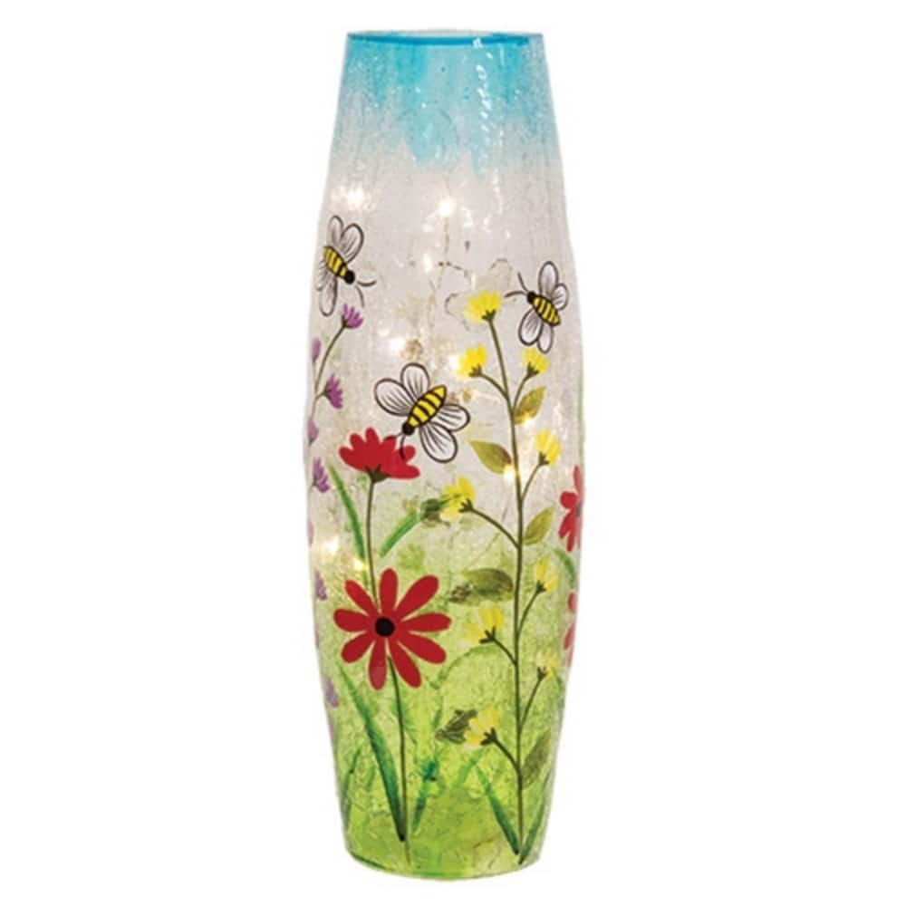 Lighted Crackled Glass Vase with Bumble Bee and Floral Design