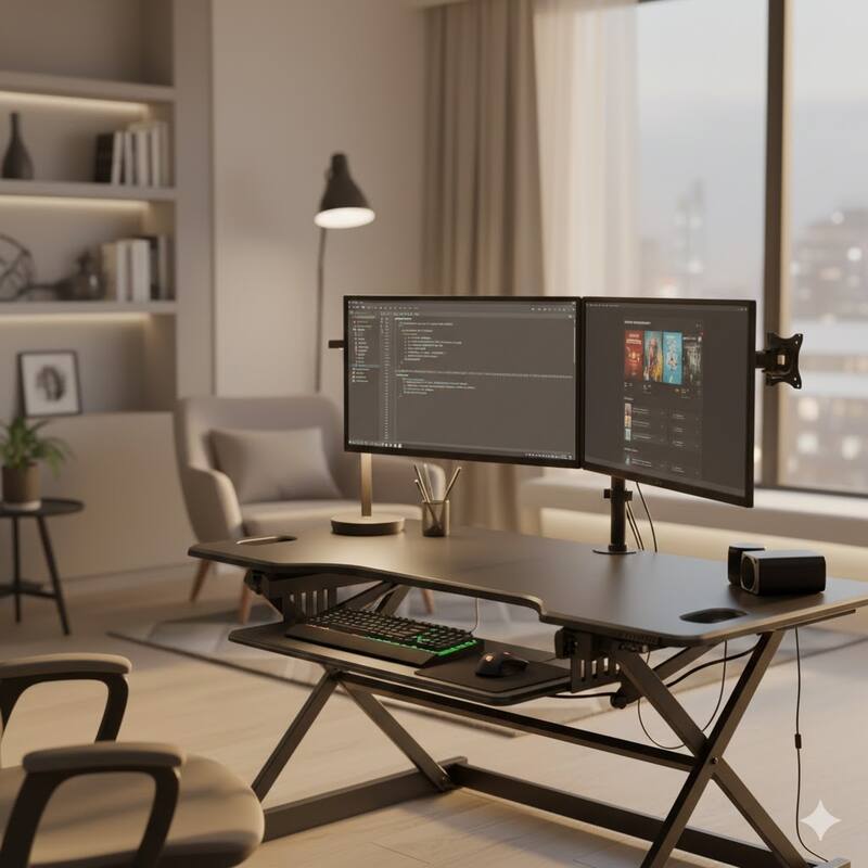 Rocelco 46 in. W Black Standing Desk Converter with AC USB Charger and Triple Monitor Mount Arm with Keyboard Tray