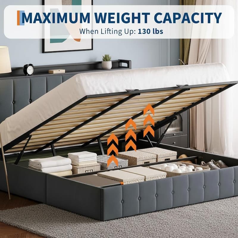 Bed Frame with Lift Up Storage and Charging Station