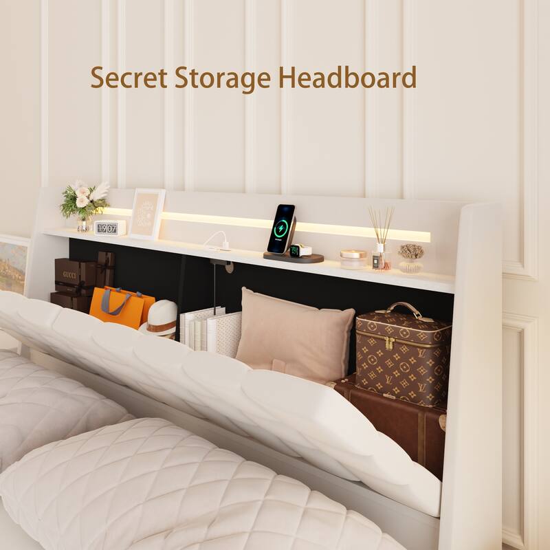 Modern Floating Bed Frame with LED Lights and USB Charging Headboard