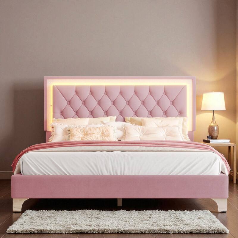 Queen Size Velvet Upholstered Bed Frame with LED Lights, Modern Tufted Headboard Platform Bed with Slats - Pink - Queen