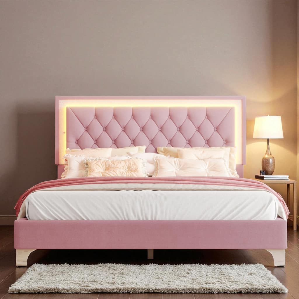 Queen Size Velvet Upholstered Bed Frame with LED Lights, Modern Tufted Headboard Platform Bed with Slats
