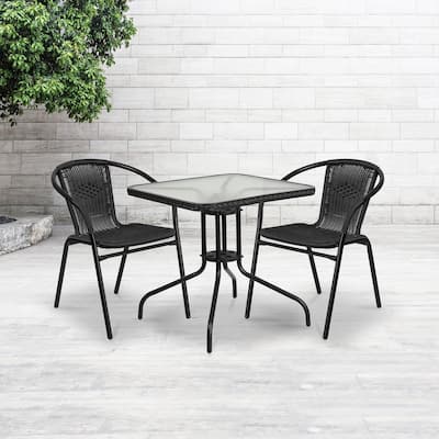 28'' Square Tempered Glass Metal Table with Rattan Edging - 28"W x 28"D x 28"H